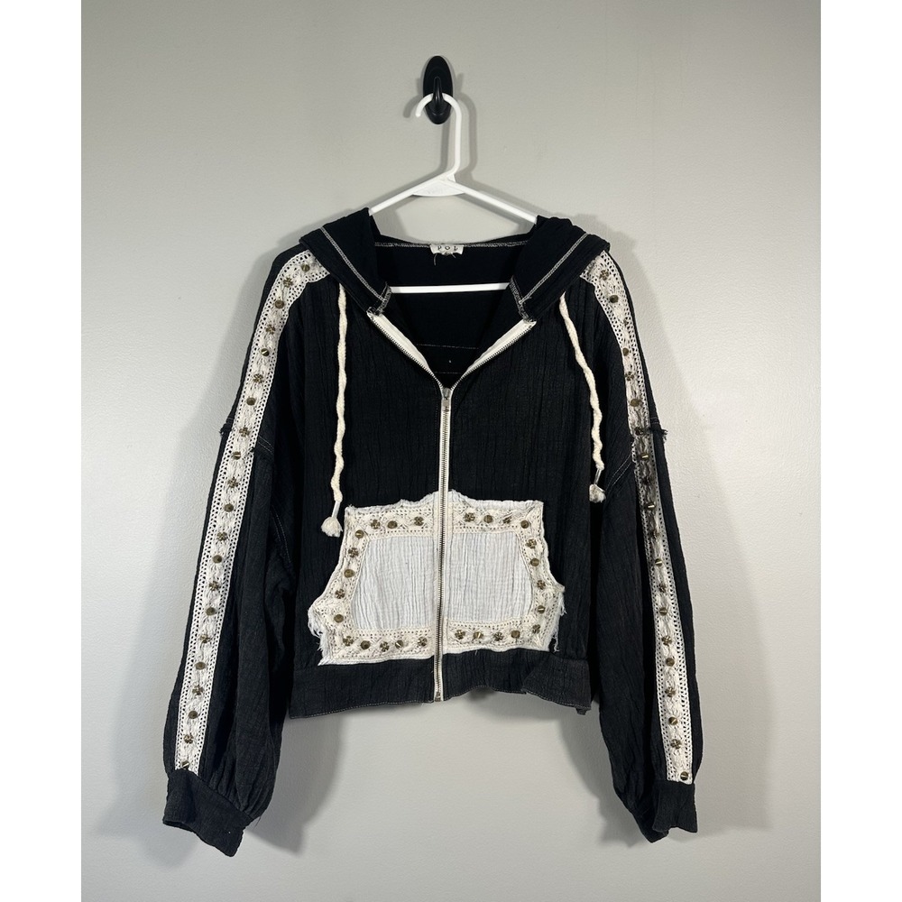 Pol Hoodie Womens Medium Black Studded Trim Gauze Boho Full Zip